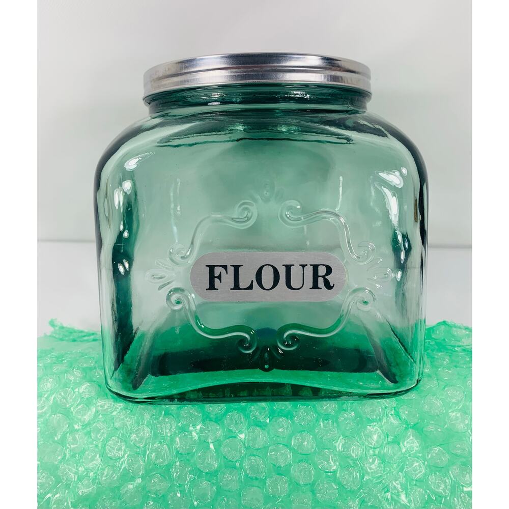 Vintage GREEN Glass Flour Storage Kitchen Container with Lid
